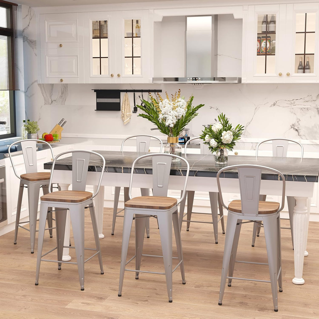 Metal Bar Stools Set of 4,24 Inch Barstools Counter Height Bar Stool with Backs Farmhouse Bar Stools with Larger Seat High Back Kitchen Dining Chairs Modern Bar Chairs 24" Silver Stool