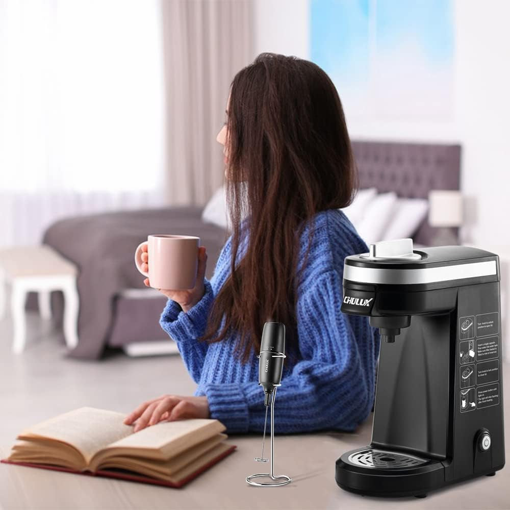 Single Serve Coffee Maker Brewer with Milk Frother,12Oz Personal Coffee Machine for Capsule Pod Ground Coffee,Fast Brew Tech for Coffee or Tea,Black