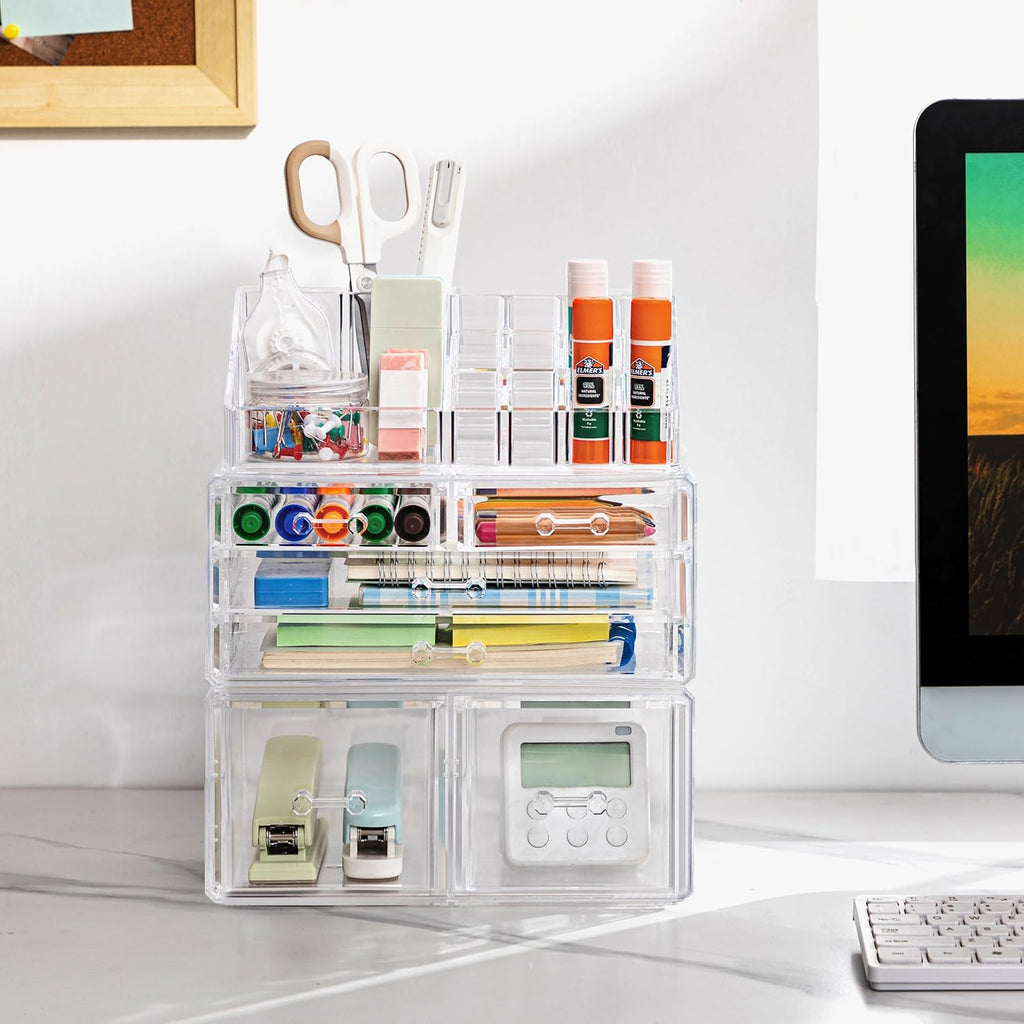 Acrylic Clear Dustproof Makeup Storage Organizer Drawers Large Skin Care Cosmetic Display Cases for Bathroom Stackable Storage Box with 6 Drawers for Vanity