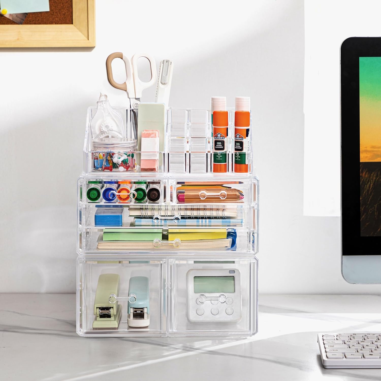 Acrylic Clear Dustproof Makeup Storage Organizer Drawers Large Skin Care Cosmetic Display Cases for Bathroom Stackable Storage Box with 6 Drawers for Vanity