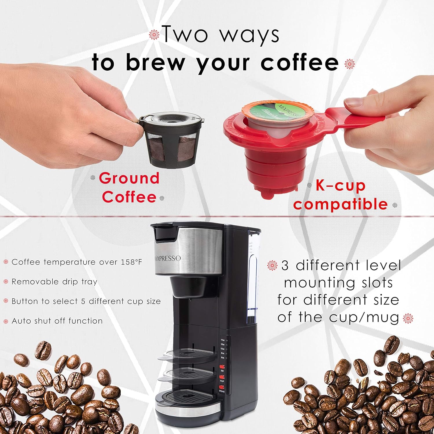 Black Single Serve Coffee Brewer K-Cup Pods Compatible & Ground, 30 Oz Compact Coffee Maker Single Serve with 5 Brew Sizes up to 14 Oz, Fits Travel Mug, Adjustable Drip Tray