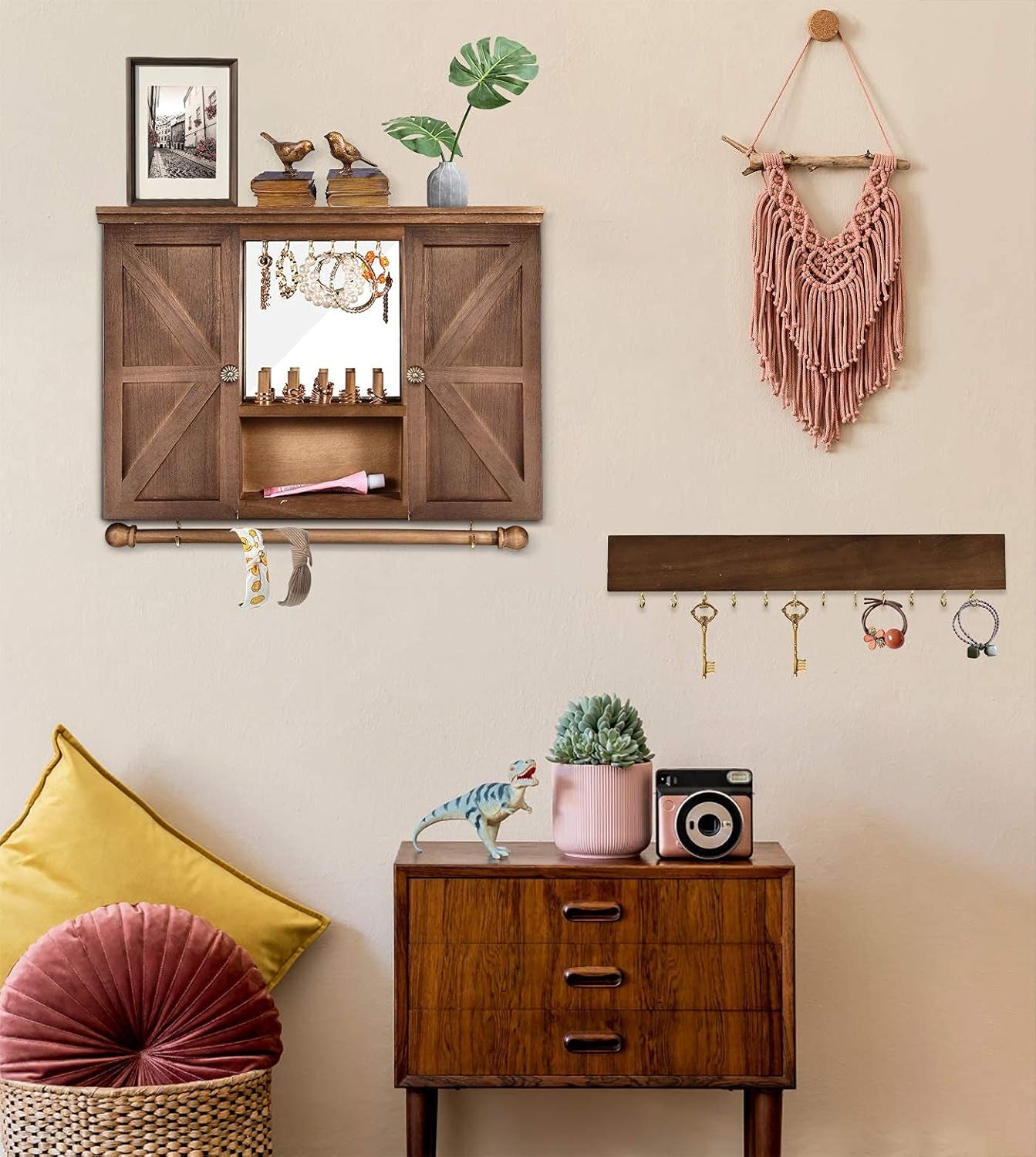 Wall Jewelry Organizer Wall Mounted Necklace Holder Hanging Earring Organizer Wooden Mirror Jewelry Cabinet Makeup and Jewelry Organizer Bracelet Holder Vintage Ring Necklace Holder - Brown