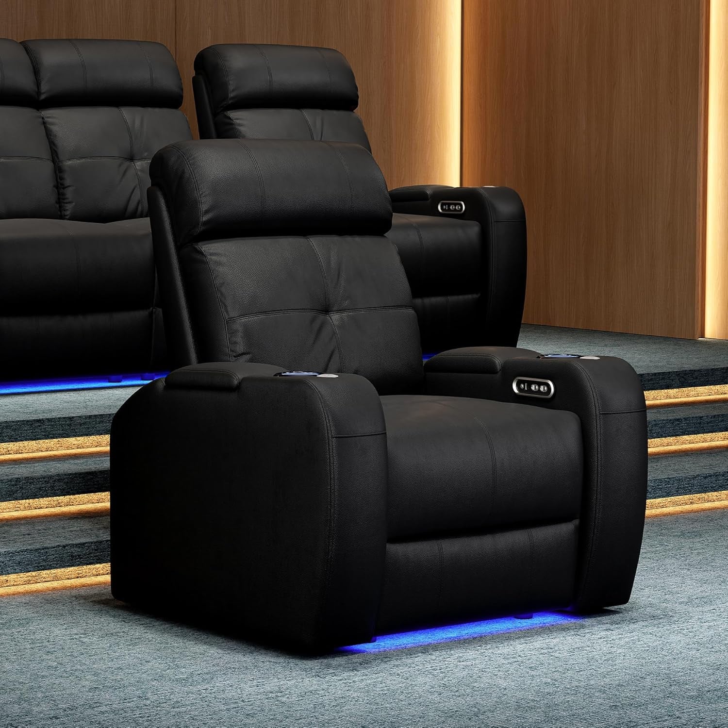 Valencia 2025 Verona Power Headrest Home Theater Seating – Top Grain Nappa Leather 9000 – Power Adjustable Headrest, USB-C Fast Charging, LED Cup Holders (Row of 2, Black)