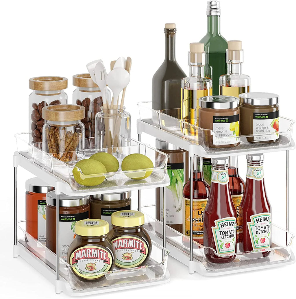 2 Pack Set under Sink Organizers and Storage, 2 Tier Sliding Bathroom Sink Organizer, Multi-Use under Kitchen Cabinet Storage Shelf (S&L), Transparent