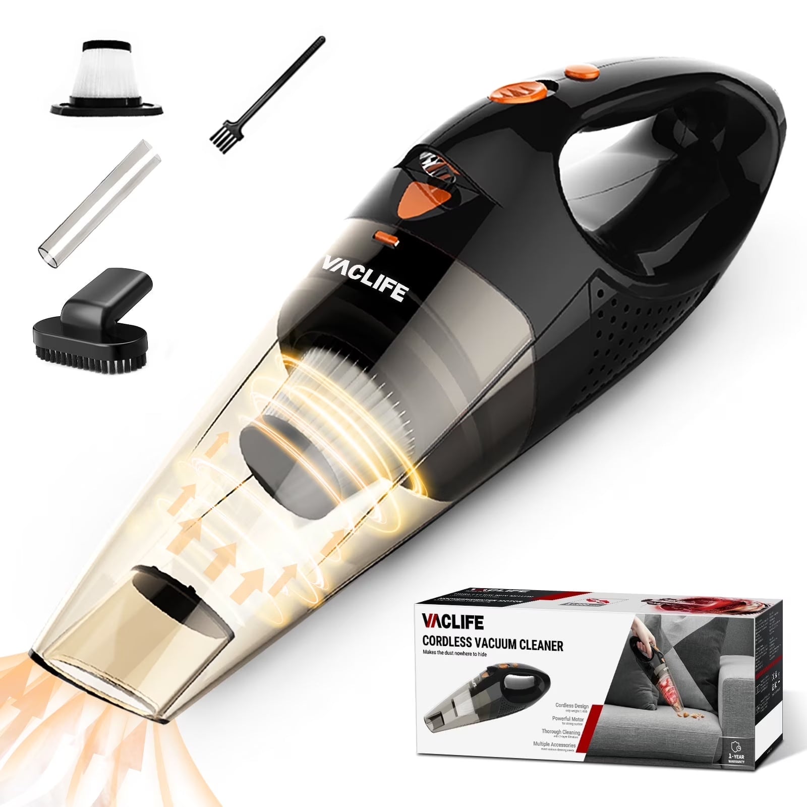 Handheld Vacuum, Car Vacuum Cleaner Cordless, Mini Portable Rechargeable Vacuum Cleaner with 2 Filters, Orange (VL189)