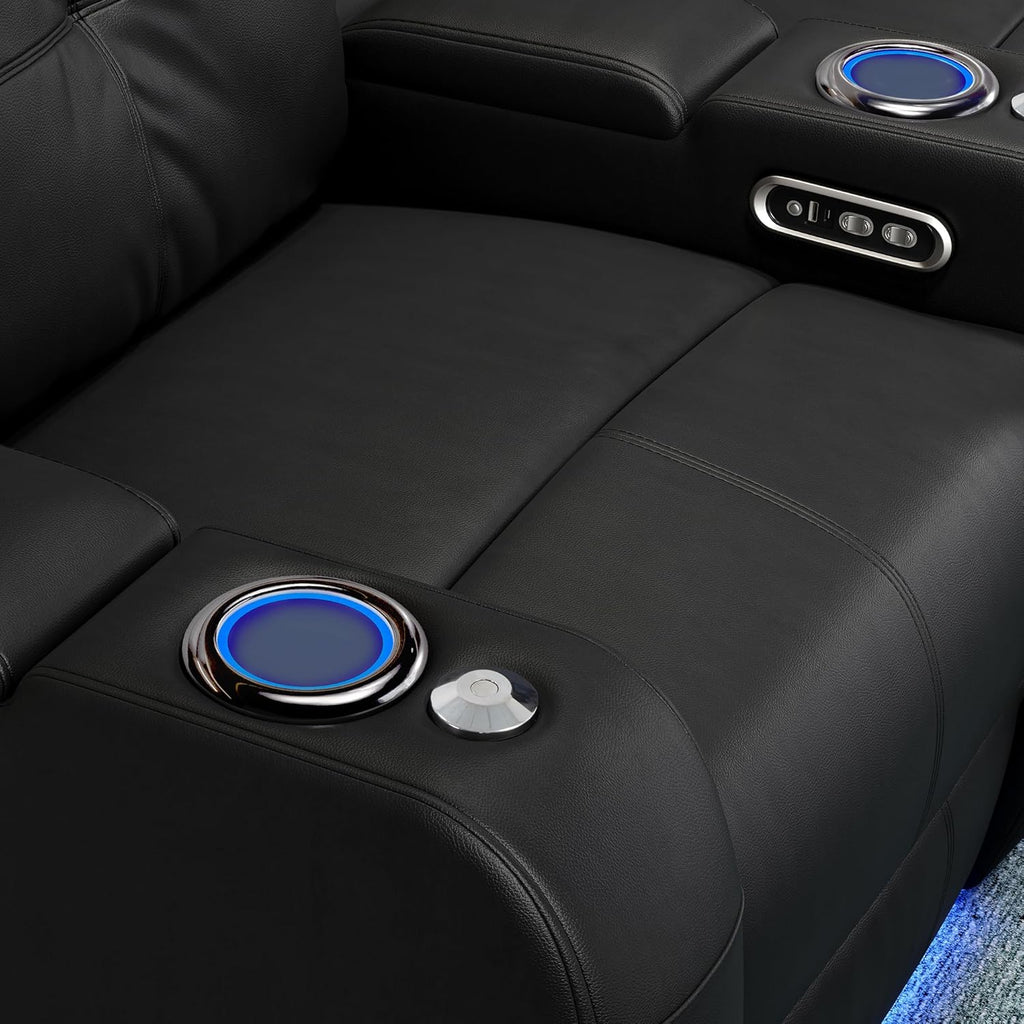 Valencia 2025 Verona Power Headrest Home Theater Seating – Top Grain Nappa Leather 9000 – Power Adjustable Headrest, USB-C Fast Charging, LED Cup Holders (Row of 2, Black)