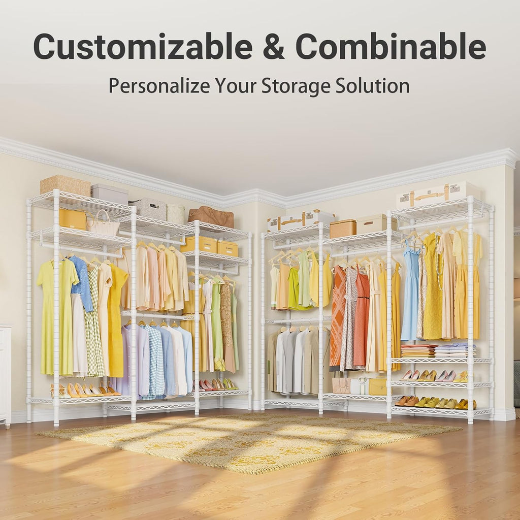 V5 Portable Closet Wardrobe Heavy Duty Clothes Rack, Freestanding Clothing Racks with 4 Hang Rods & 8 Shelves, Adjustable Custom Closet Racks, 68.9" L X 15.7" W X 76.4" H, Max Load 800LBS, White