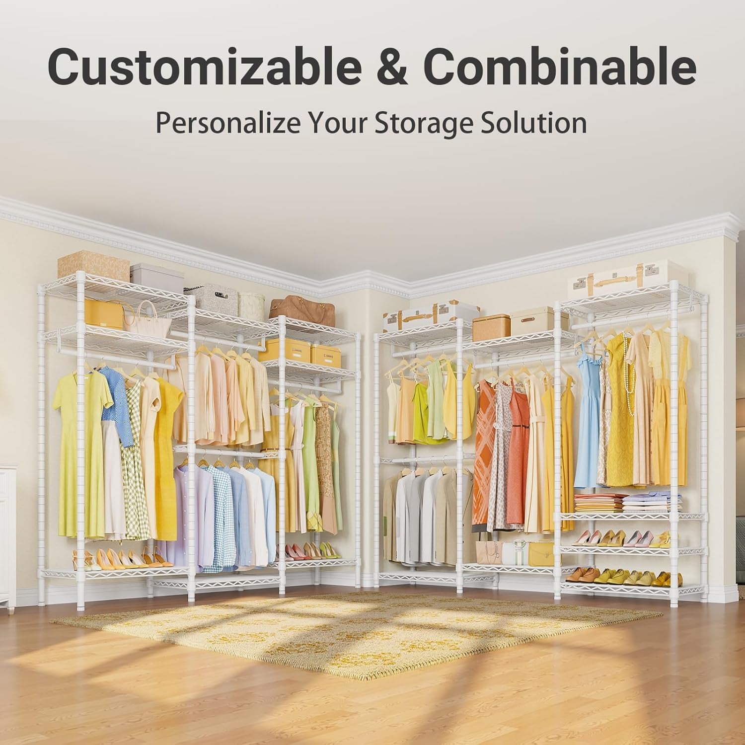 V5 Portable Closet Wardrobe Heavy Duty Clothes Rack, Freestanding Clothing Racks with 4 Hang Rods & 8 Shelves, Adjustable Custom Closet Racks, 68.9" L X 15.7" W X 76.4" H, Max Load 800LBS, White