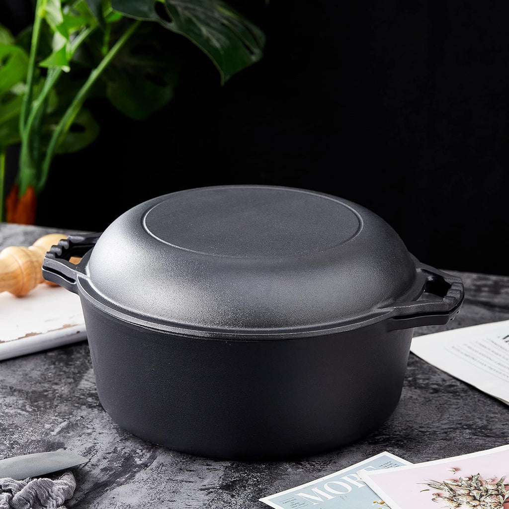 Pre-Seasoned Cast Iron Double Dutch Oven with Skillet Lid - 7 Quart All-In-One Casserole and Braising Pan - Heavy Duty and Oven Safe Black Cookware for Versatile Cooking - 14.7 X 6.9 Inches
