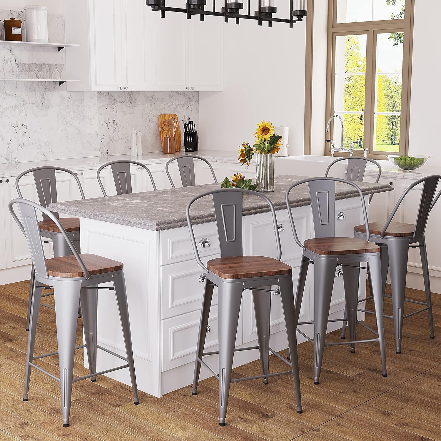 Metal Bar Stools Set of 4,24 Inch Barstools Counter Height Bar Stool with Backs Farmhouse Bar Stools with Larger Seat High Back Kitchen Dining Chairs Modern Bar Chairs 24" Silver Stool