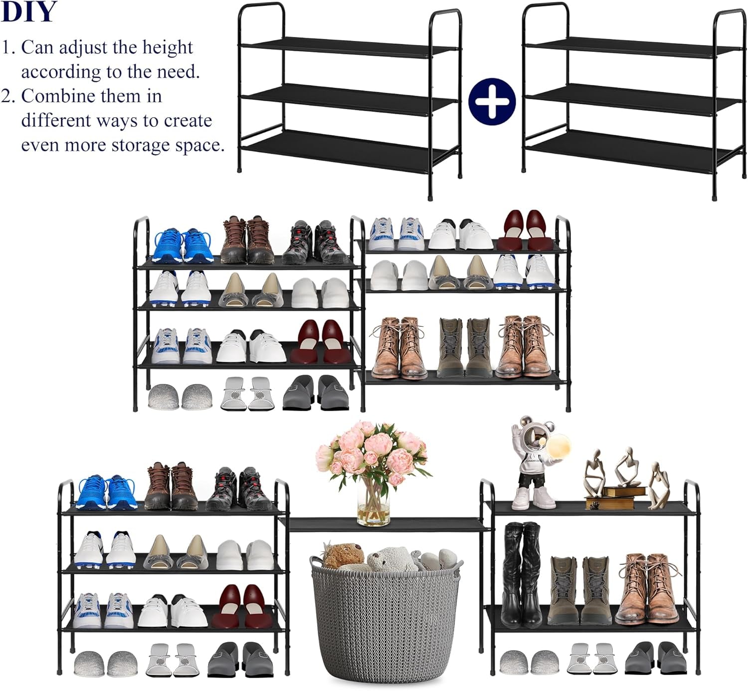 3 Tier Free Standing Shoe Rack, Metal Shoe Storage Shelf for 9-12 Pairs, Easy to Assemble, Entryway, Bedroom, Black