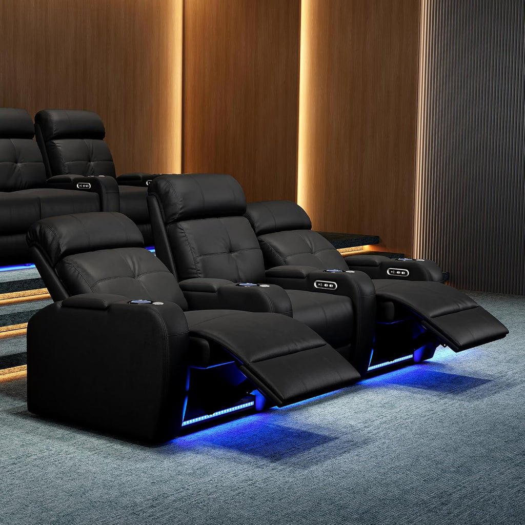 Valencia 2025 Verona Power Headrest Home Theater Seating – Top Grain Nappa Leather 9000 – Power Adjustable Headrest, USB-C Fast Charging, LED Cup Holders (Row of 2, Black)