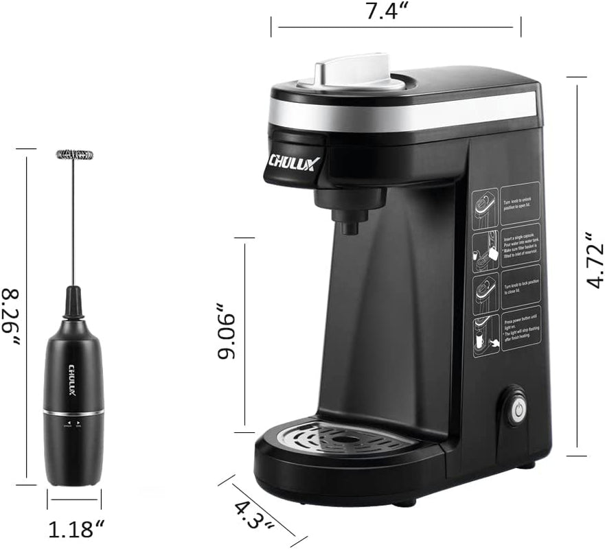 Single Serve Coffee Maker Brewer with Milk Frother,12Oz Personal Coffee Machine for Capsule Pod Ground Coffee,Fast Brew Tech for Coffee or Tea,Black