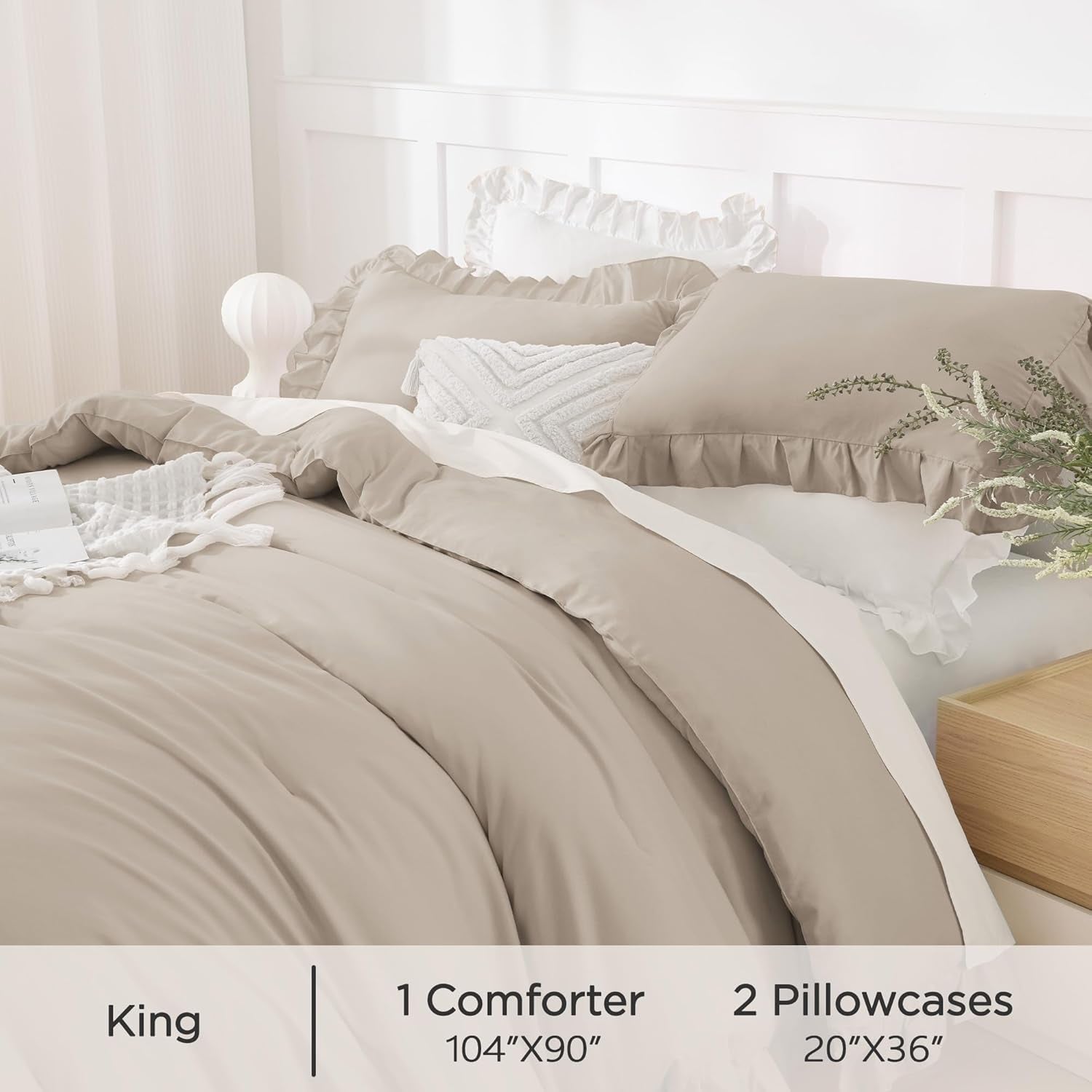 Wheat Ruffled Comforter King(104X90Inch), 3 Pieces(1 Ruffle Comforter and 2 Pillowcases) Vintage Ruffle Fringe Comforter, Farmhouse Rustic Microfiber down Alternative Bedding Comforter Set