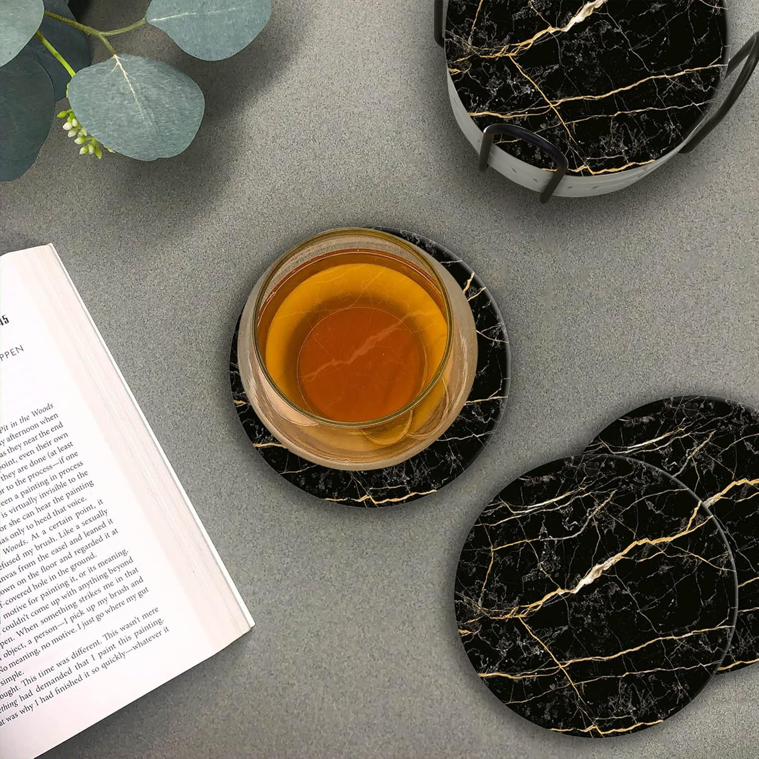 Emerson Coasters for Drinks Absorbent – Natural Stone Drink Saucers Set with Holder, Coasters for Coffee Table, Wooden Tabletop Protection Marble Style – 100% Heavy Duty Set of 6 (Streak)