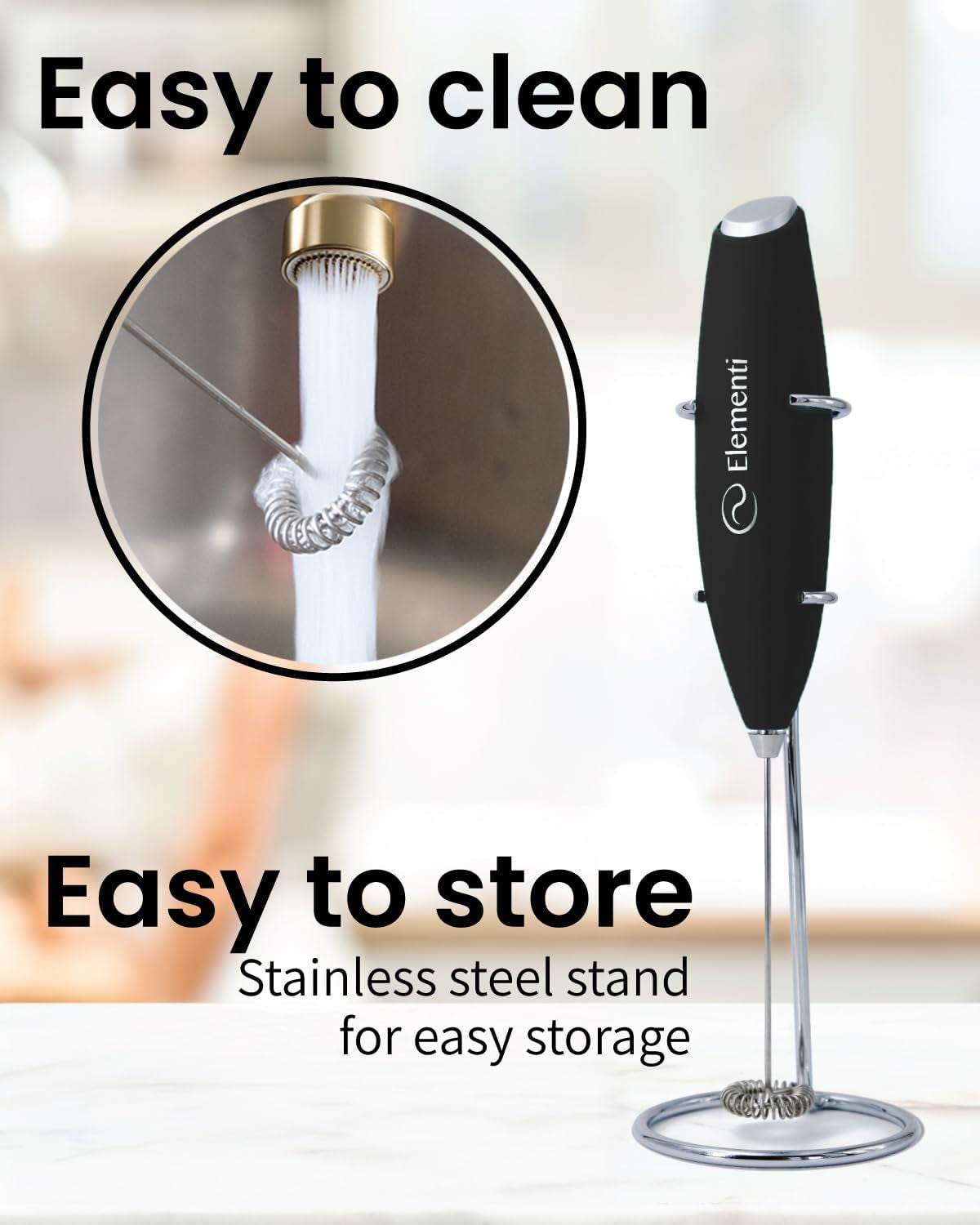 Milk Frother Wand & Electric Stirrer with Stand - Turbo Coffee & Milk Frother Handheld - Hand Held Coffee Mixer Wand & Cold Foam Maker for Frothy Cappuccinos, Lattes & Drink Mixes at Home (Black)