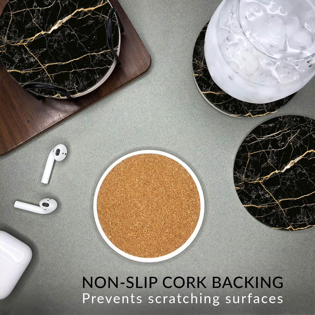 Emerson Coasters for Drinks Absorbent – Natural Stone Drink Saucers Set with Holder, Coasters for Coffee Table, Wooden Tabletop Protection Marble Style – 100% Heavy Duty Set of 6 (Streak)