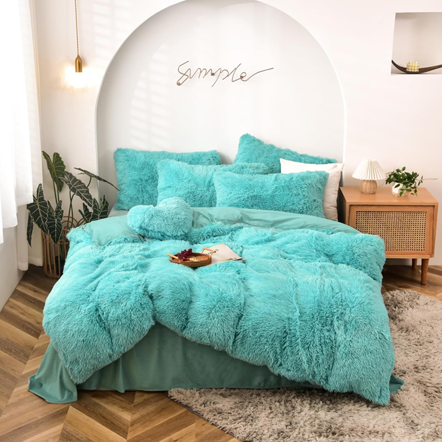 5 PCS Shaggy Duvet Cover Bedding Set - Long Faux Fur Luxury Ultra Soft Cozy (Aqua, King/California King)