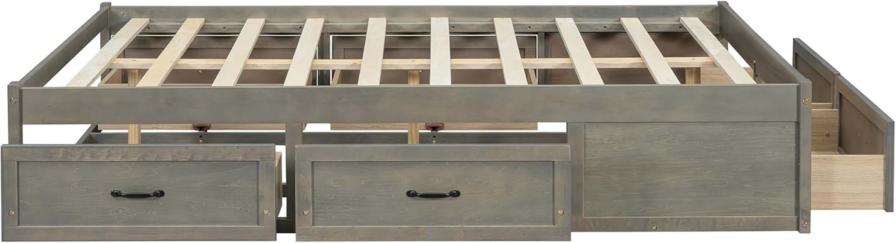 Full Size Platform Bed, Wooden Full Bed with 6 Storage Drawers, Antique Gray