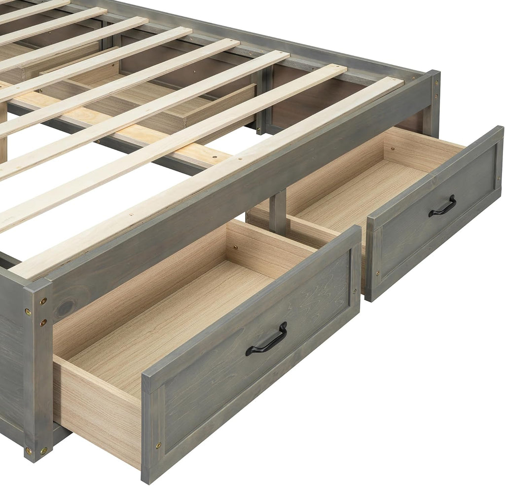Full Size Platform Bed, Wooden Full Bed with 6 Storage Drawers, Antique Gray