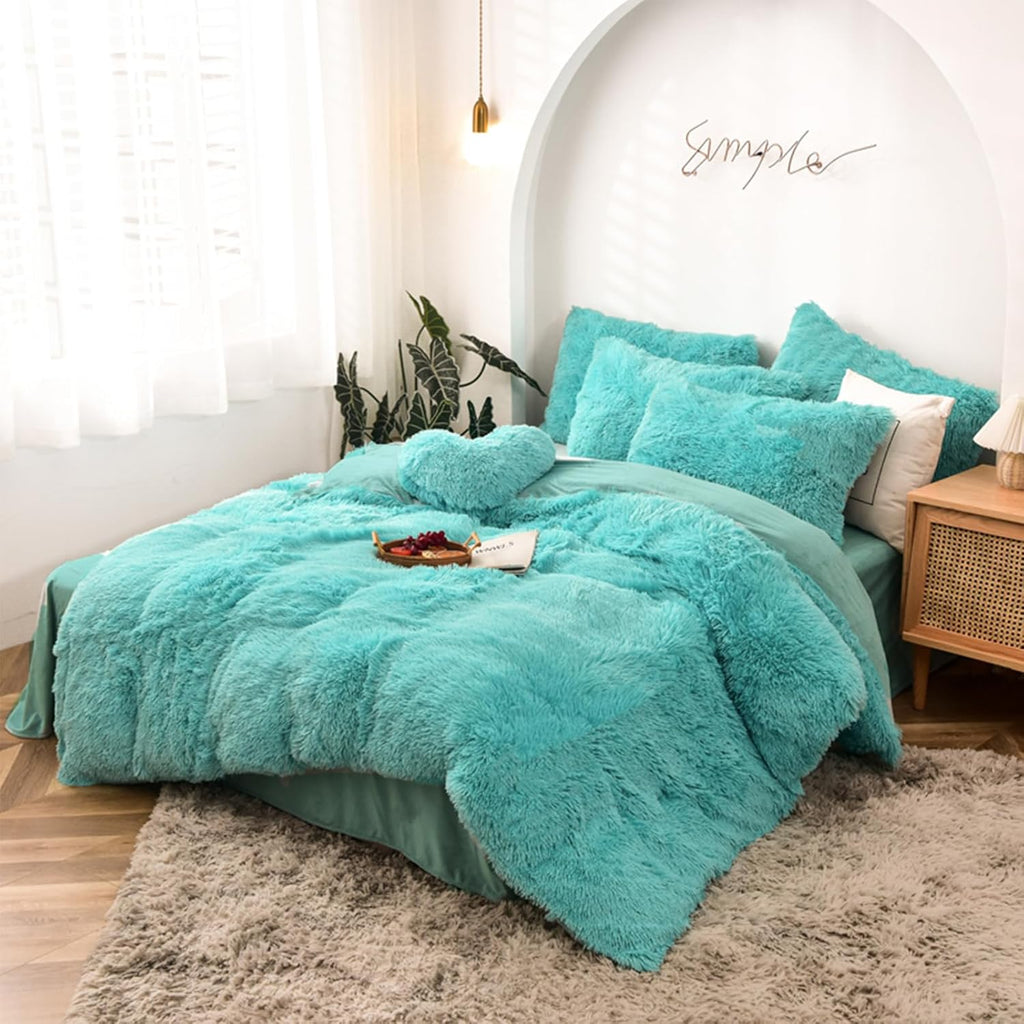 5 PCS Shaggy Duvet Cover Bedding Set - Long Faux Fur Luxury Ultra Soft Cozy (Aqua, King/California King)