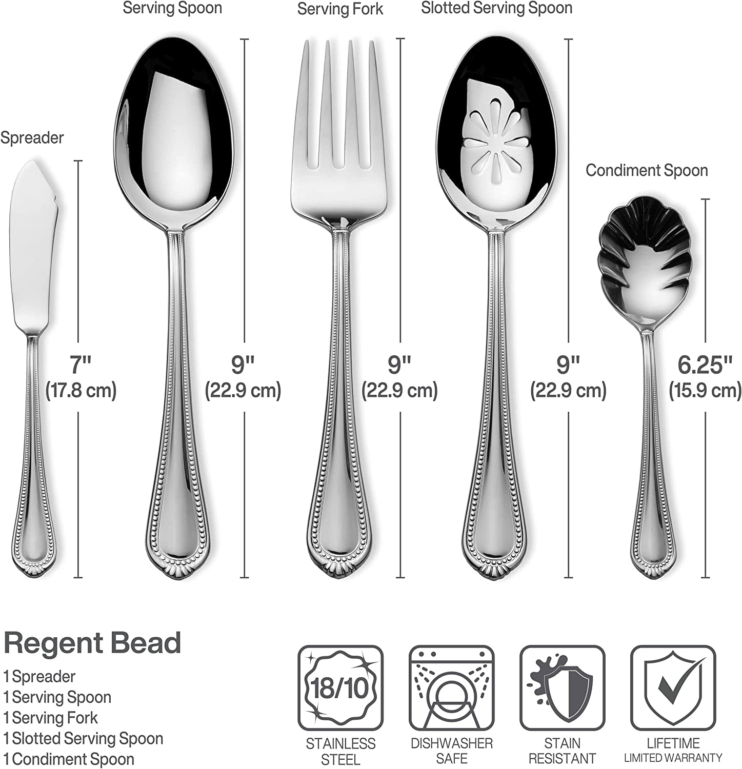 Regent Bead 65-Piece Flatware Set for 12, 18/10 Stainless Steel Silverware with Full Service and Serving Utensils, Classic Beaded Edge Design