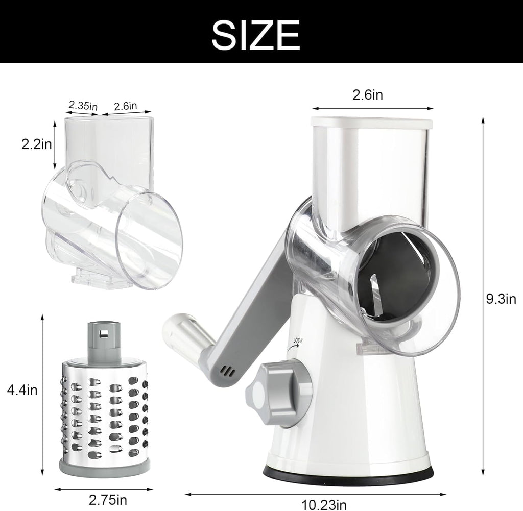 Rotary Cheese Grater Hand Crank Cheese Shredder for Fresh Cheese, Vegetable, Nuts,Non-Slip Suction Base, Free Cleaning Brush Three Blades, White