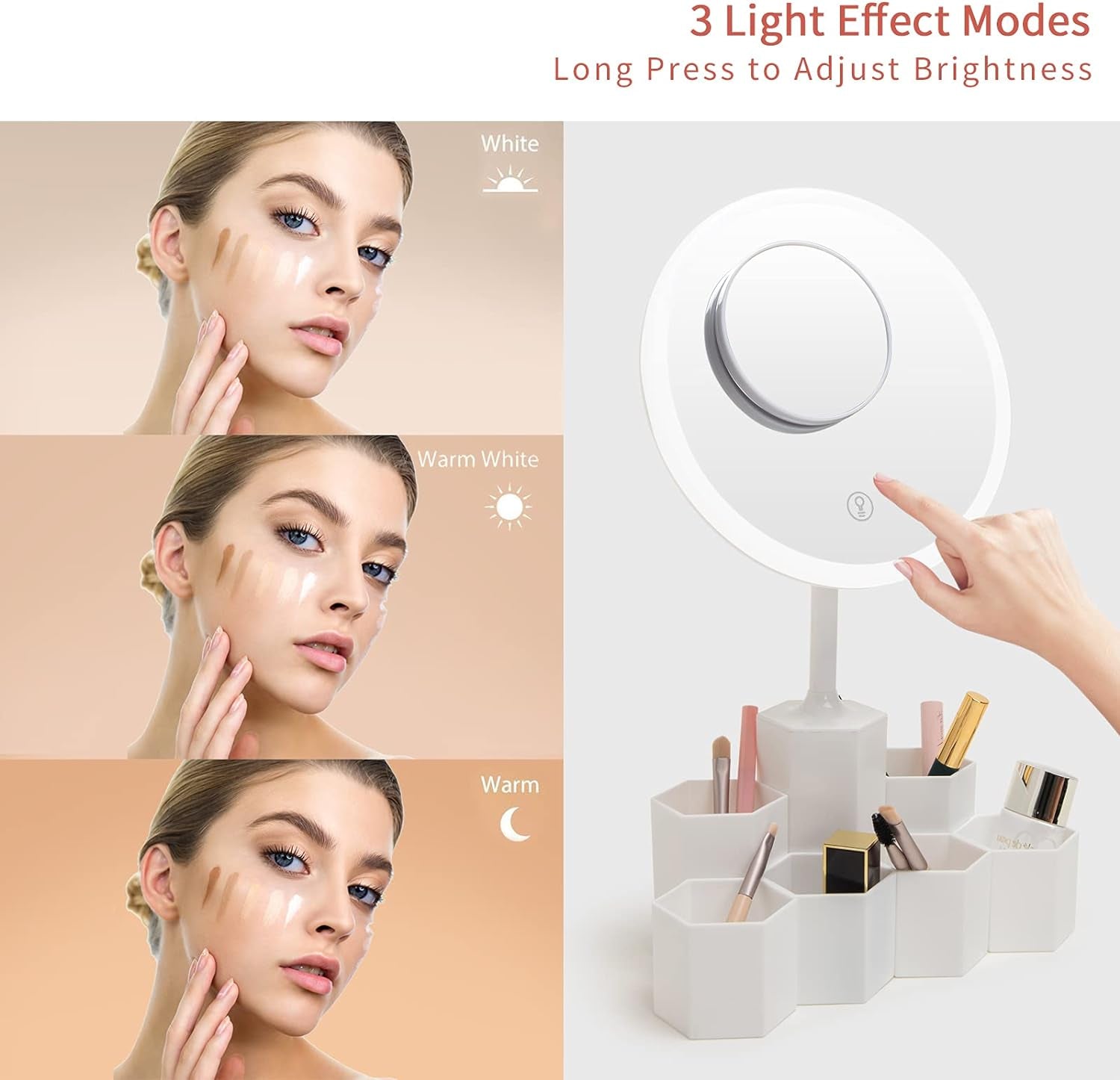 Lighted Table Makeup Mirror with LED Lights, Portable Vanity Desk Mirror with 10X Magnifying，Rechargeable Smart Cosmetic Mirror,White