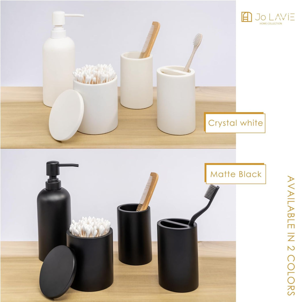 Bathroom Accessory Set - 4 Pcs Matte Black Bathroom Set with Toothbrush Holder, Soap Dispenser, Tumbler & Cotton Swab Jar - Bathroom Vanity Countertop Organizer, Bathroom Decor Sets