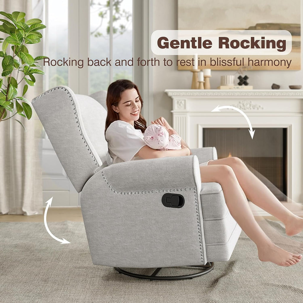 Swivel Nursery Glider Recliner, Comfy Upholstered Glider Chair with Lumbar Pillow and Footrest, Swivel Rocking Chair for Living Room, Grey