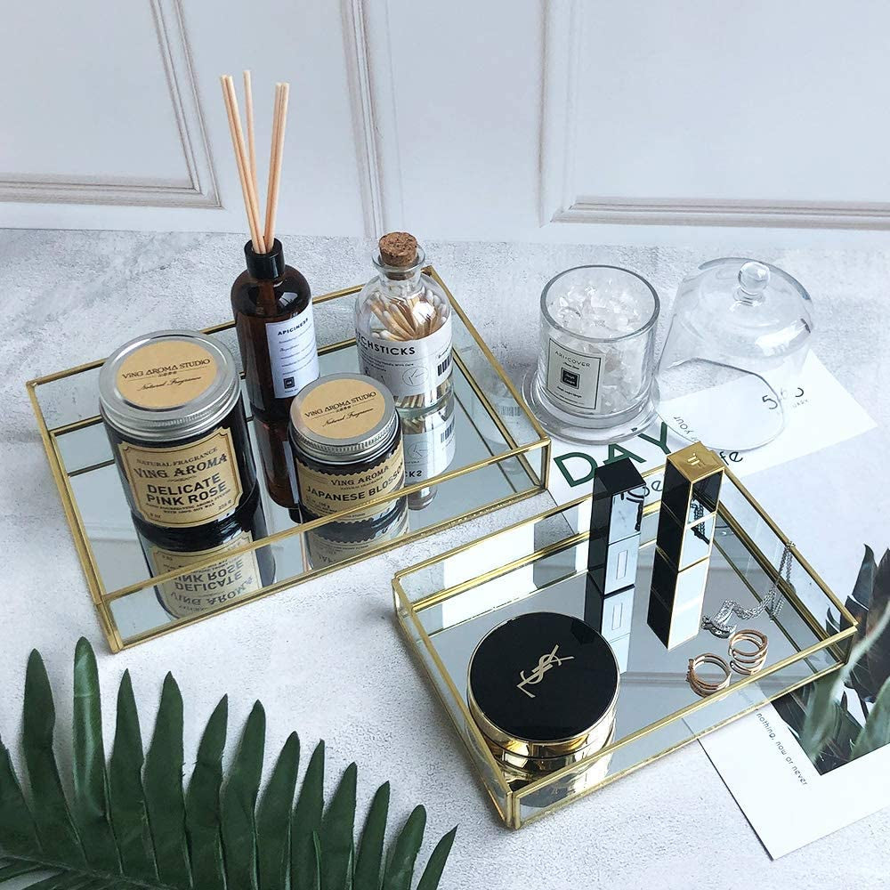Clear Trays for Organizing,Gold Mirror Tray for Room Decor,Exquisite Perfume Tray,Makeup,Jewelry,Vanity,Dresser Top Perfume Organizer,Clear Rectangle Container and Storage Organizer for Bathroom